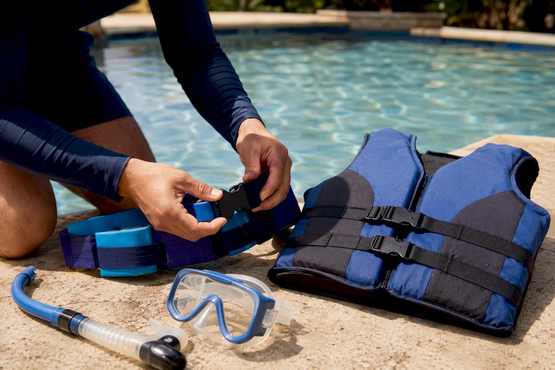 Hands adjusting snorkeling flotation gear
